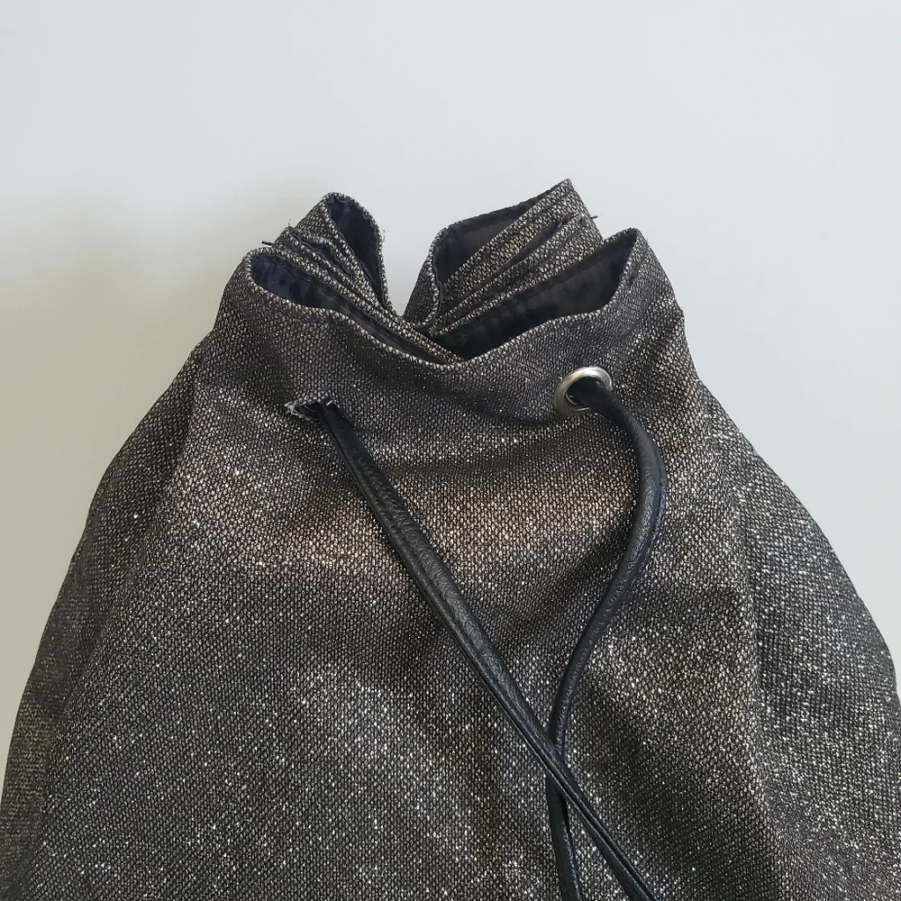 Victoria's Secret VS Bucket Backpack Black Silver Glitter Drawstring Tote Bag